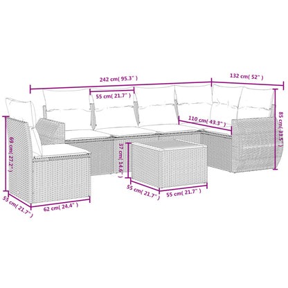 7 pcs conjunto sofás p/ jardim c/ almofadões vime PE cinzento