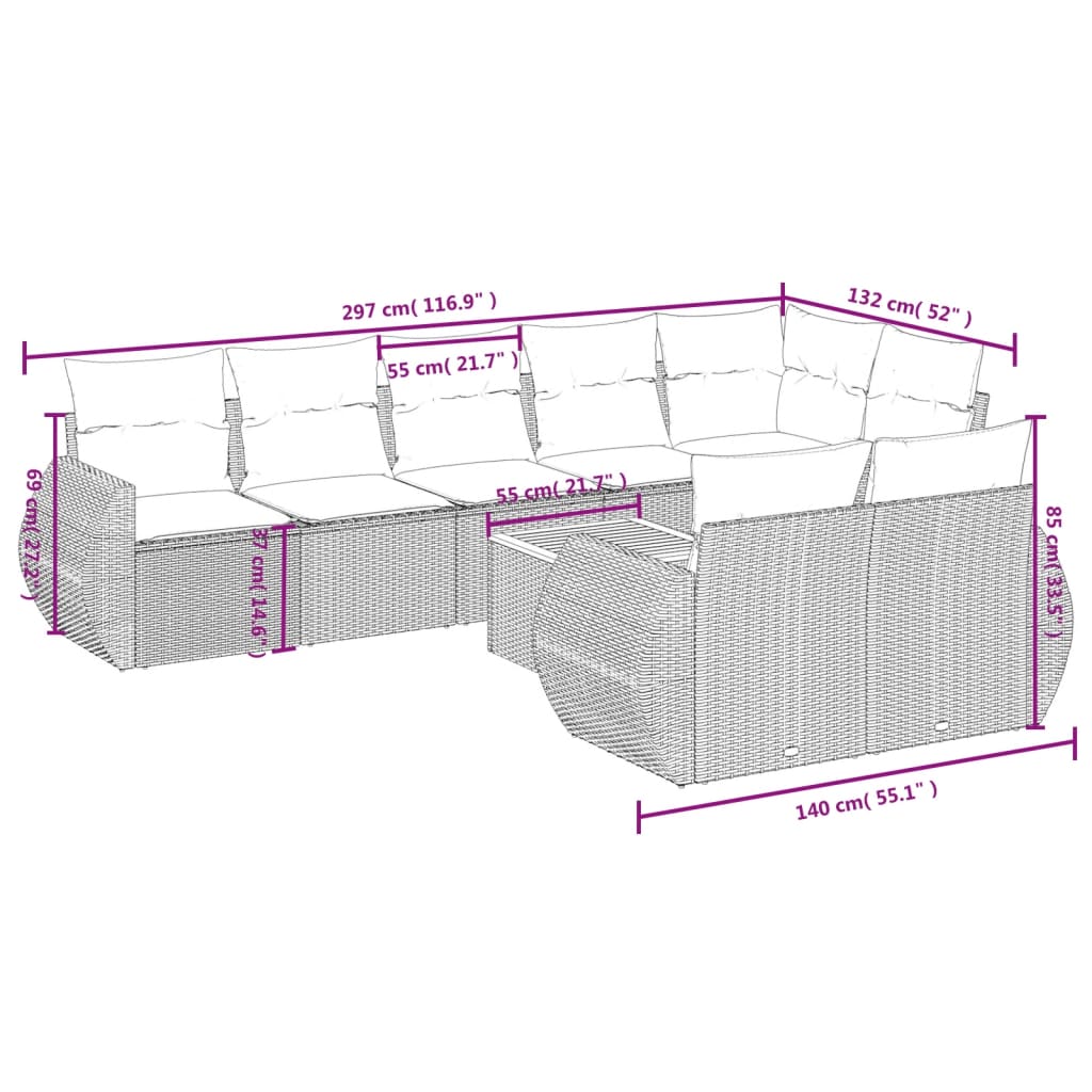 9 pcs conjunto sofás p/ jardim com almofadões vime PE cinzento