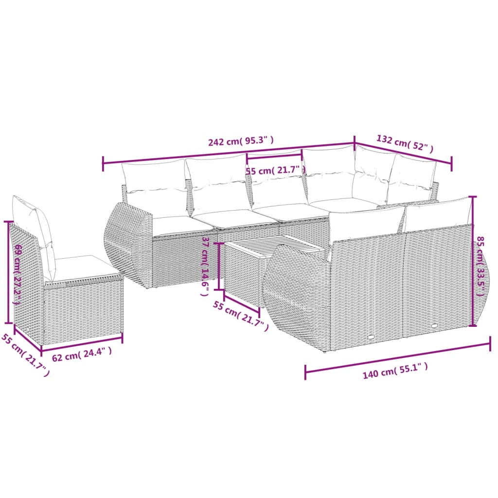 9 pcs conjunto sofás p/ jardim com almofadões vime PE cinzento