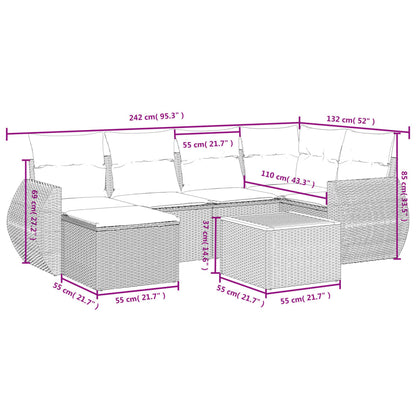 7 pcs conjunto sofás p/ jardim c/ almofadões vime PE cinzento