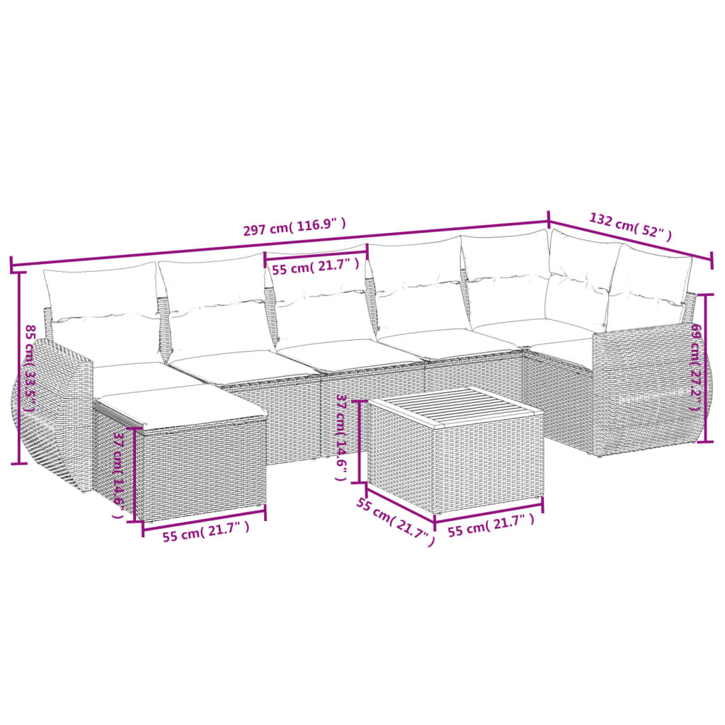 8 pcs conjunto sofás de jardim c/ almofadões vime PE cinzento