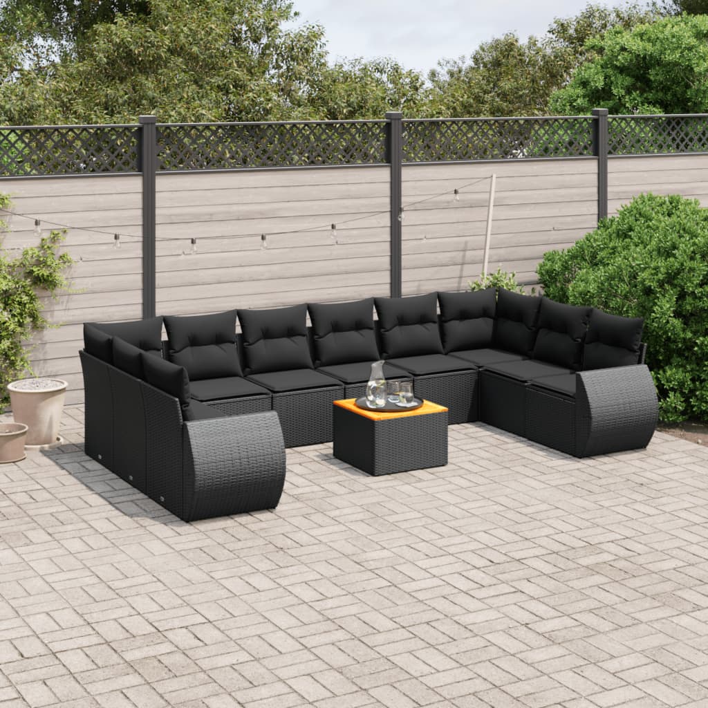 11 pcs conjunto sofás de jardim c/ almofadões vime PE preto