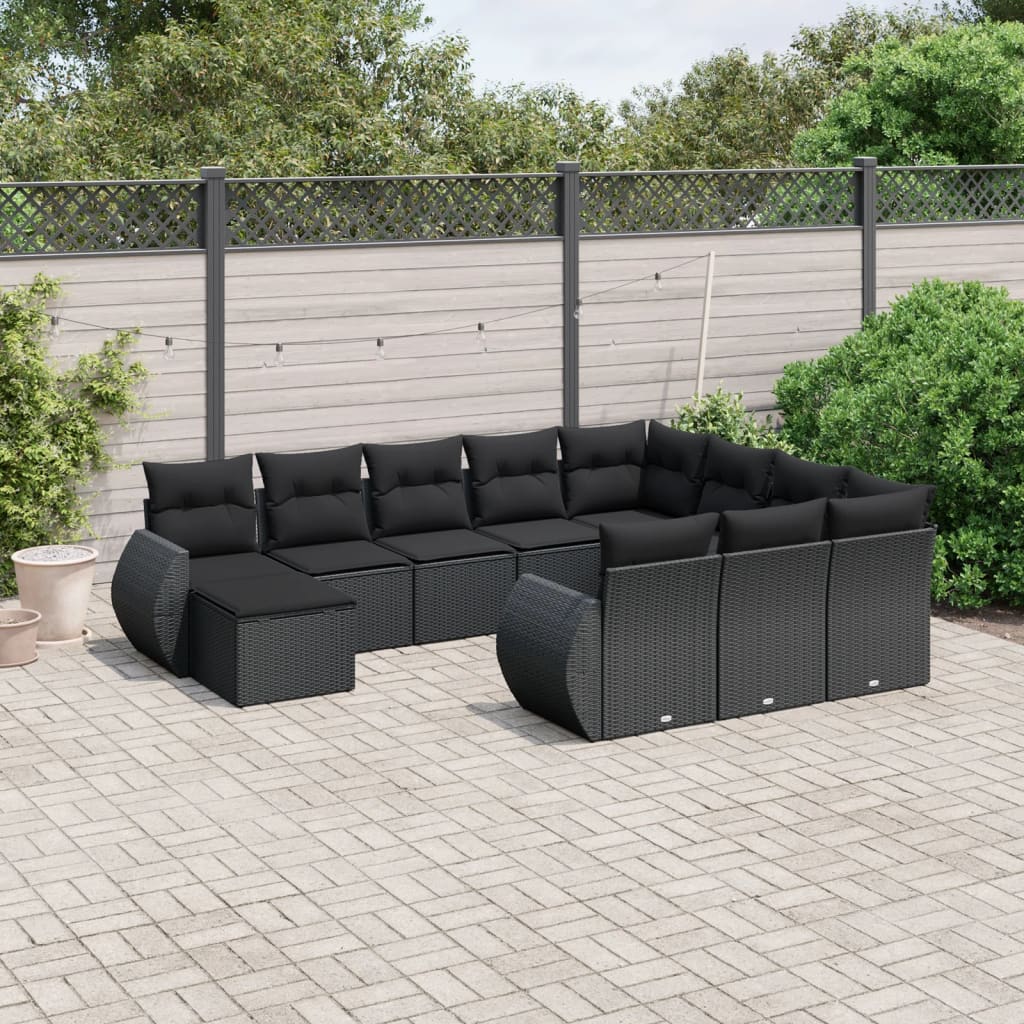 11 pcs conjunto sofás de jardim c/ almofadões vime PE preto