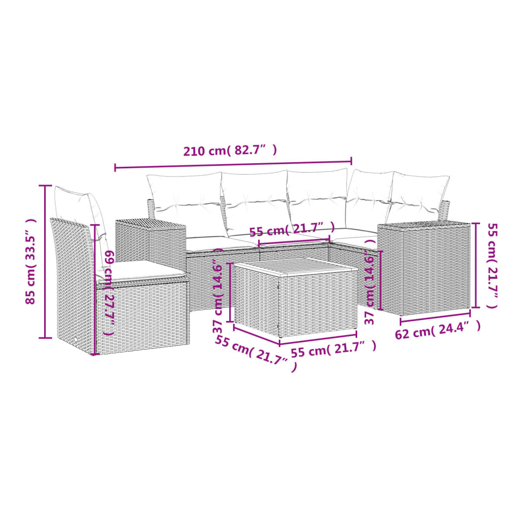 6 pcs conjunto sofás de jardim com almofadões vime cinzento