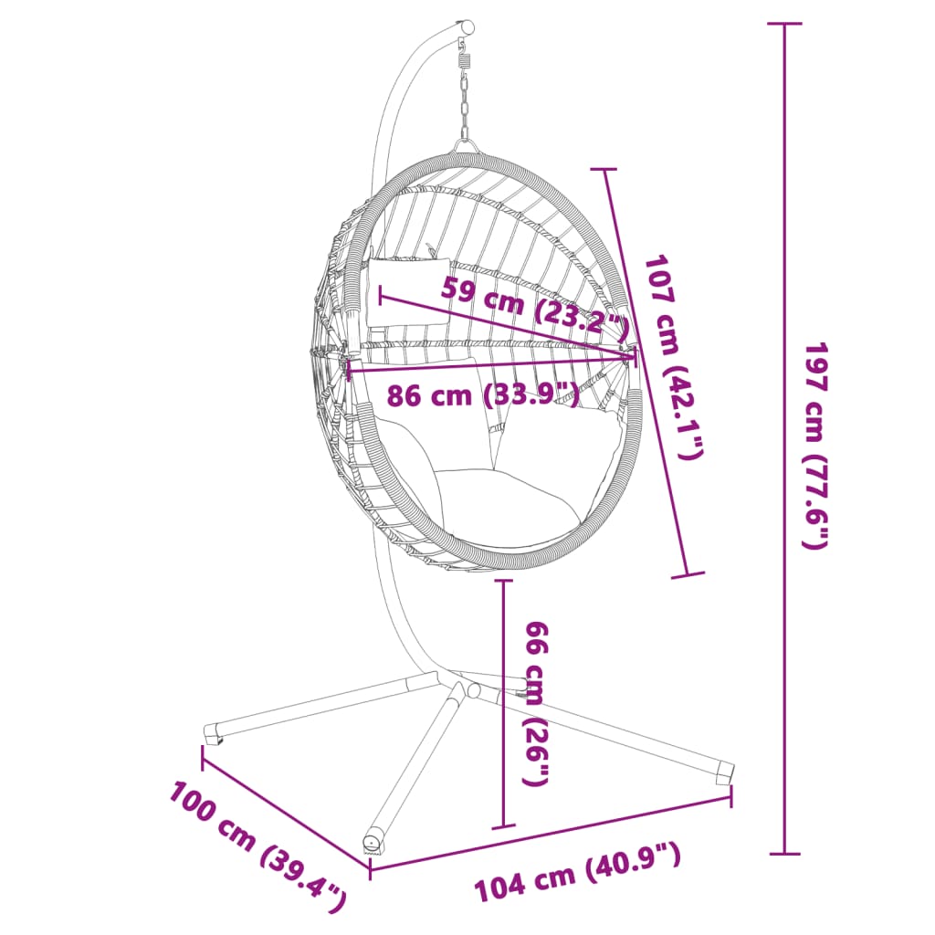 Cadeira em forma de ovo suspensa com suporte vime/aço bege