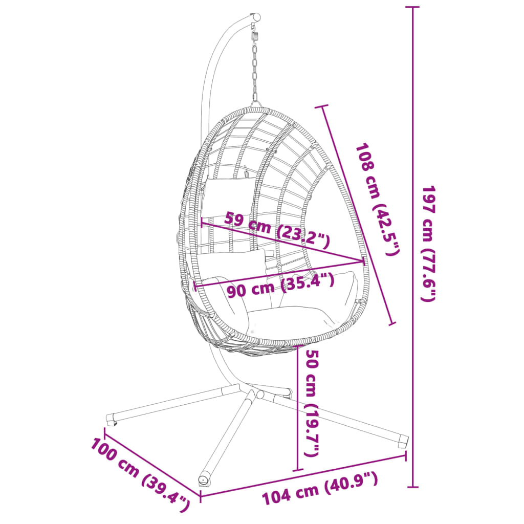 Cadeira forma de ovo suspensa c/ suporte vime/aço antracite