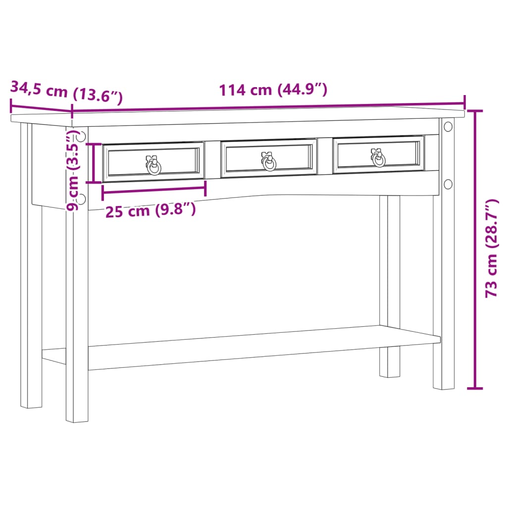 Mesa consola Corona 114x34,5x73 cm madeira de pinho maciça