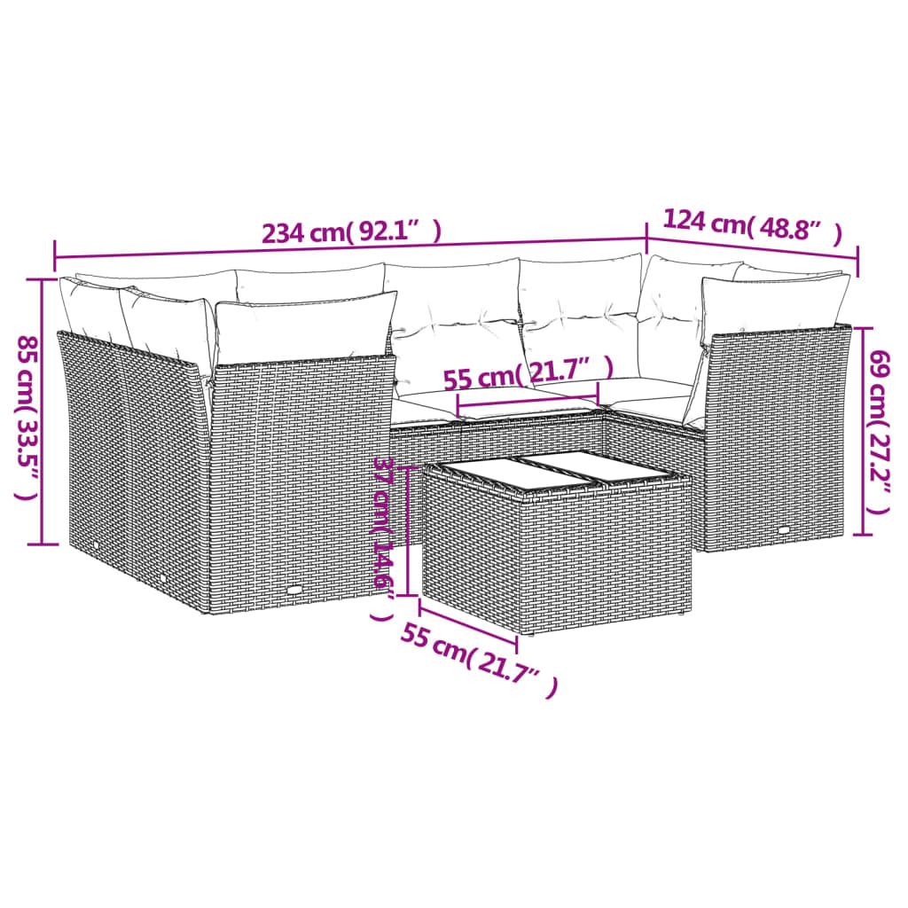 7 pcs conjunto de sofás p/ jardim c/ almofadões vime PE preto