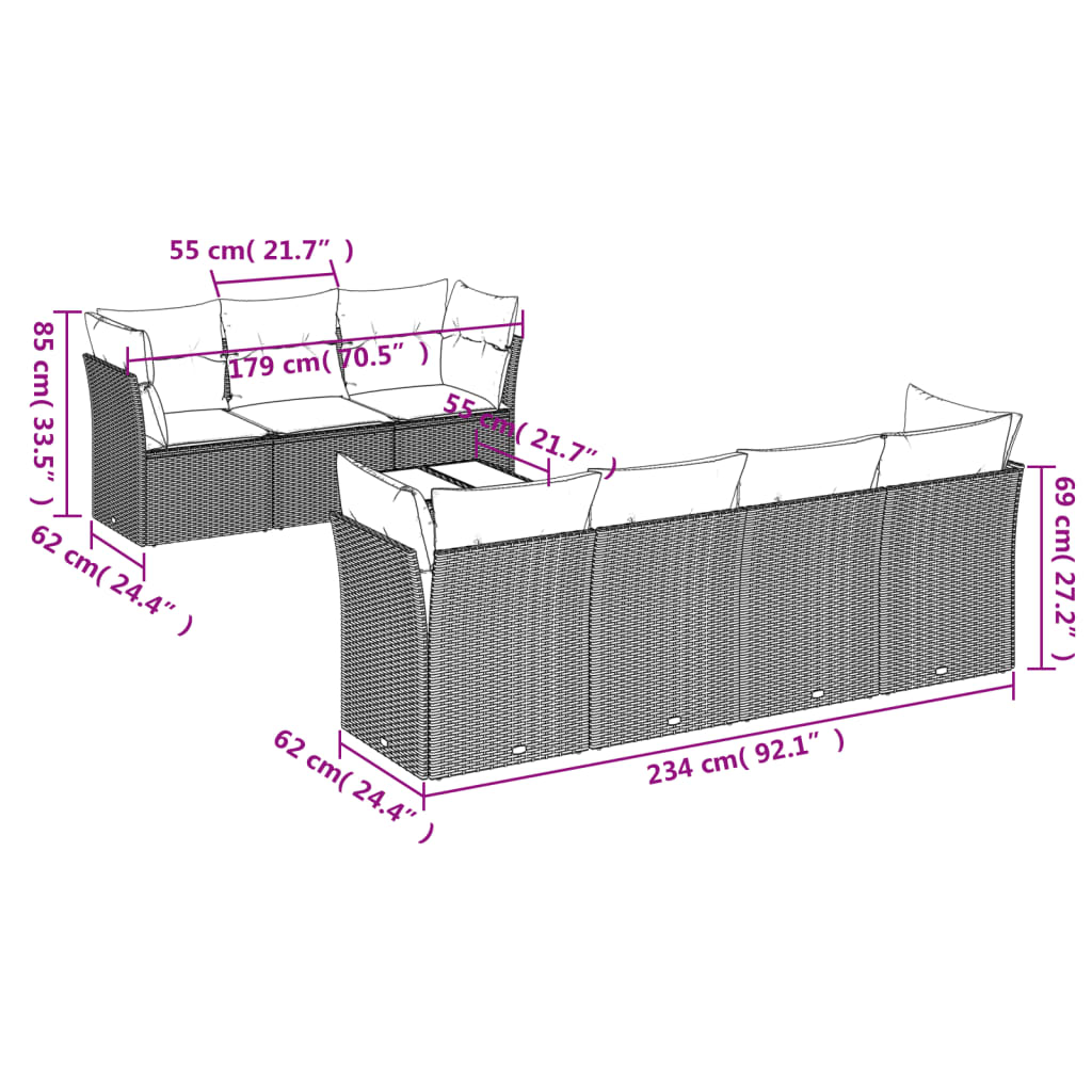 8 pcs conj. sofás jardim c/ almofadões vime PE cinzento-claro