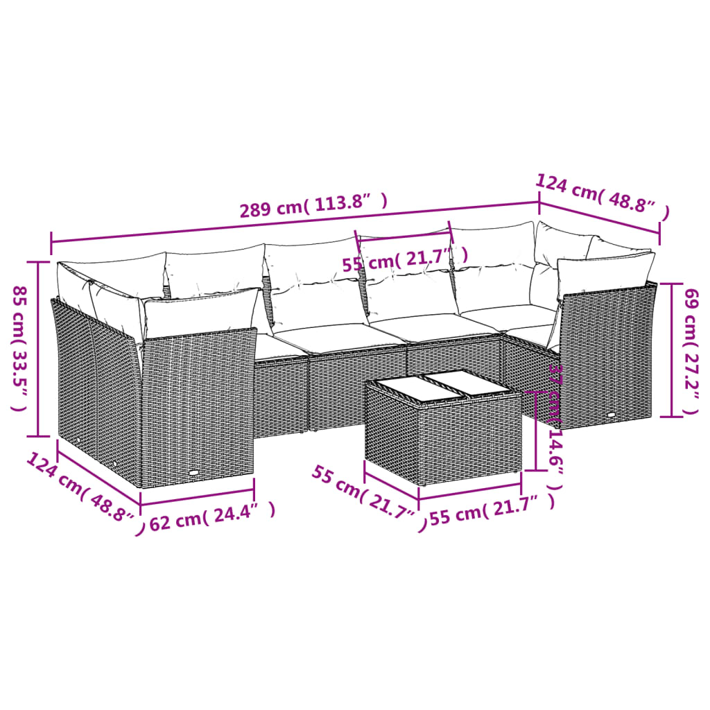 8 pcs conjunto de sofás p/ jardim com almofadões vime PE bege