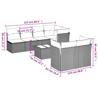 8 pcs conj. sofás jardim c/ almofadões vime PE cinzento-claro