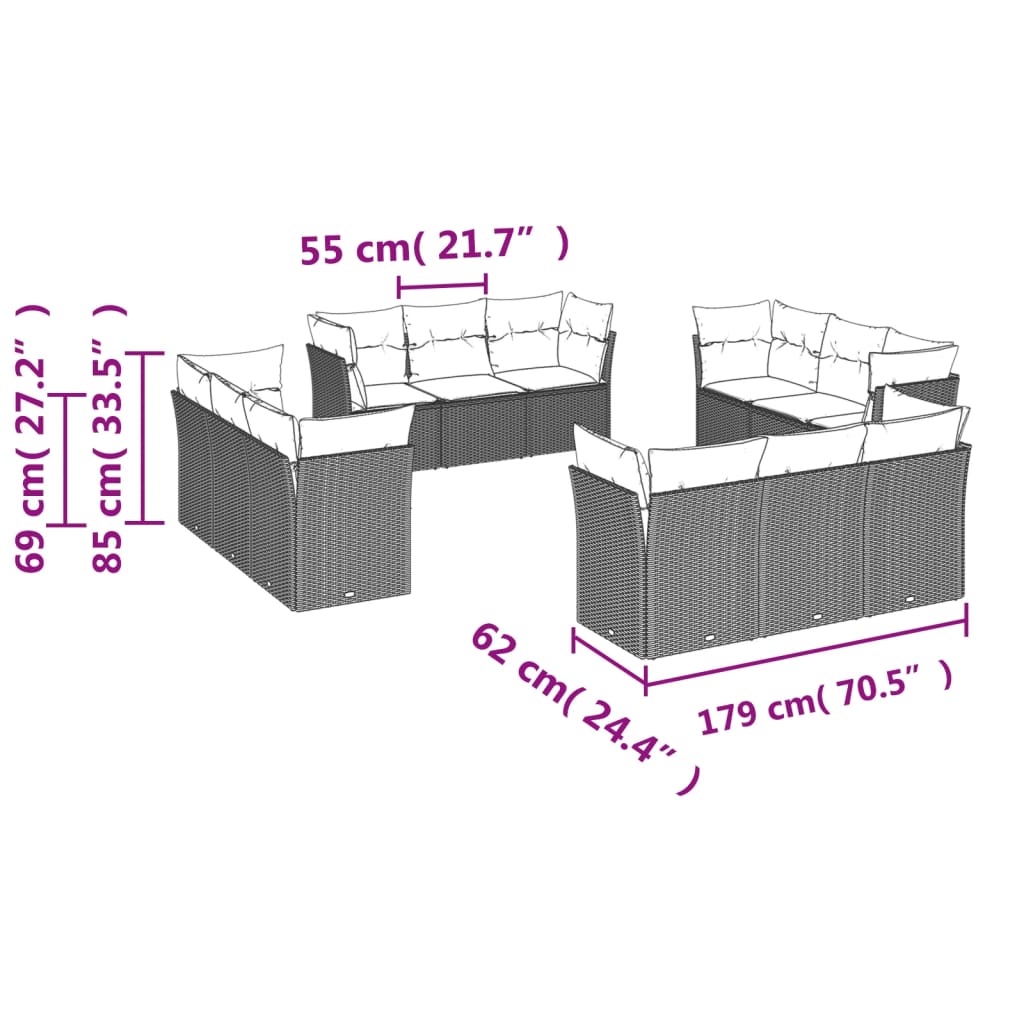 12 pcs conjunto de sofás de jardim c/ almofadões vime PE preto