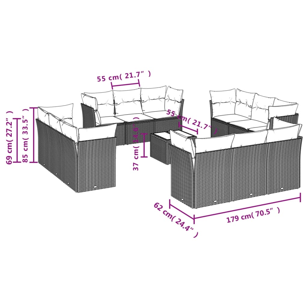 13 pcs conjunto de sofás de jardim com almofadões vime PE preto