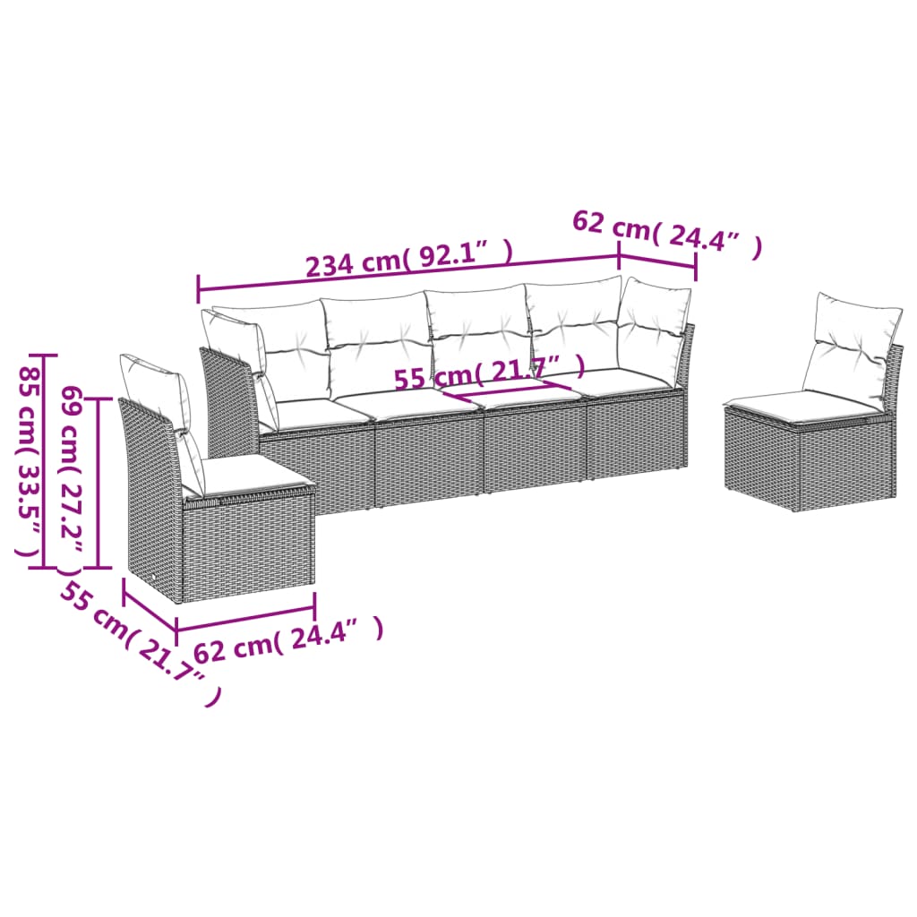 6 pcs conjunto de sofás p/ jardim com almofadões vime PE bege