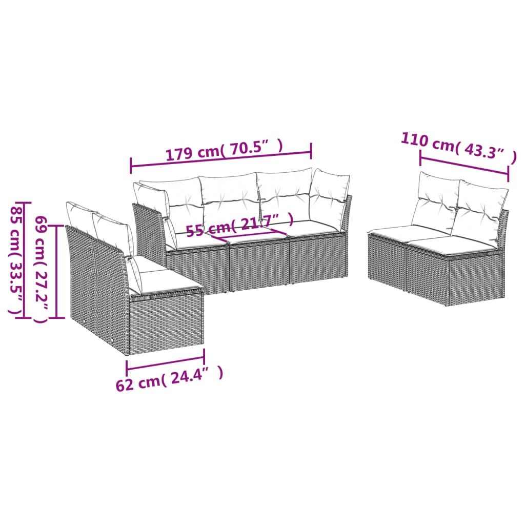 7 pcs conjunto sofás p/ jardim c/ almofadões vime PE cinzento