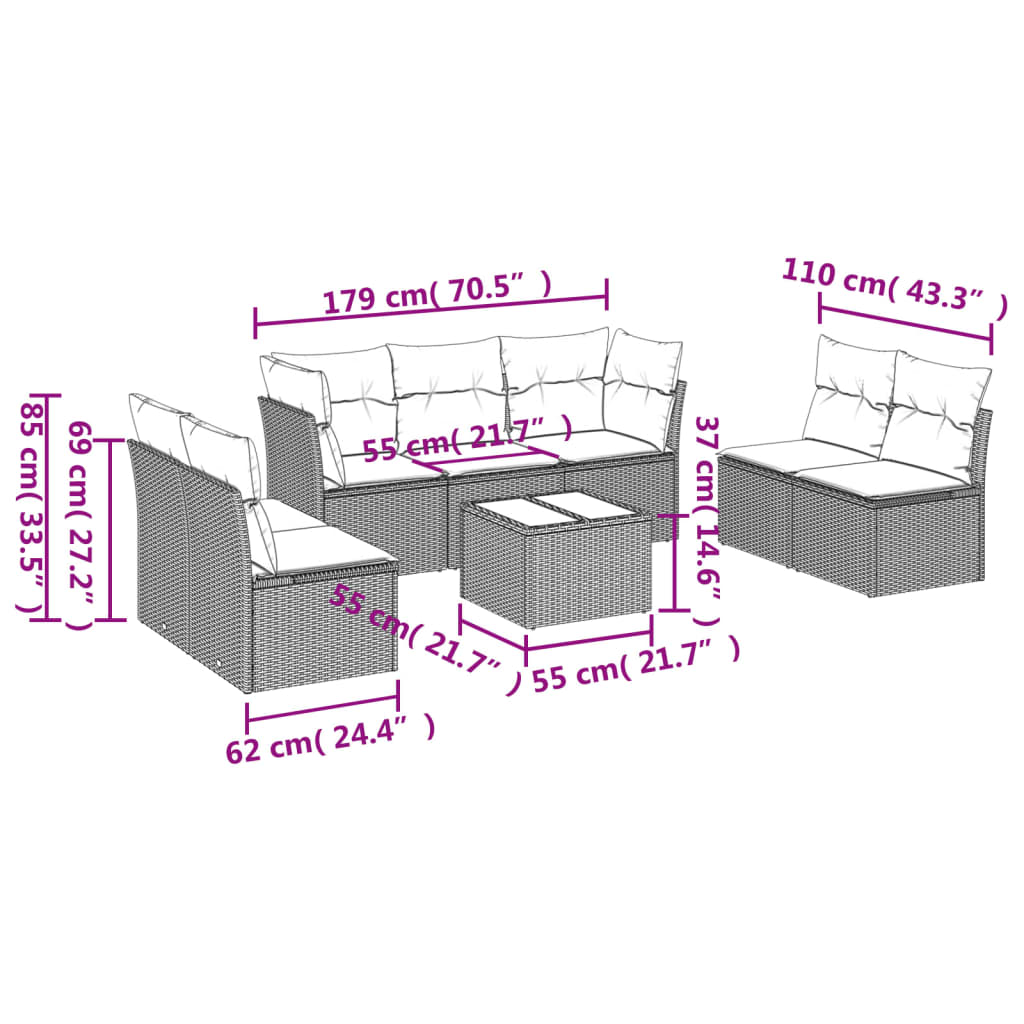 8 pcs conj. sofás jardim c/ almofadões vime PE cinzento-claro