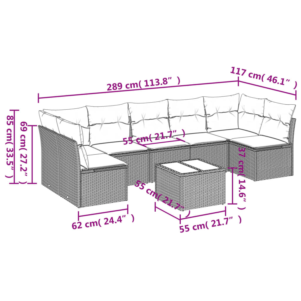 8 pcs conjunto sofás de jardim com almofadões vime PE preto