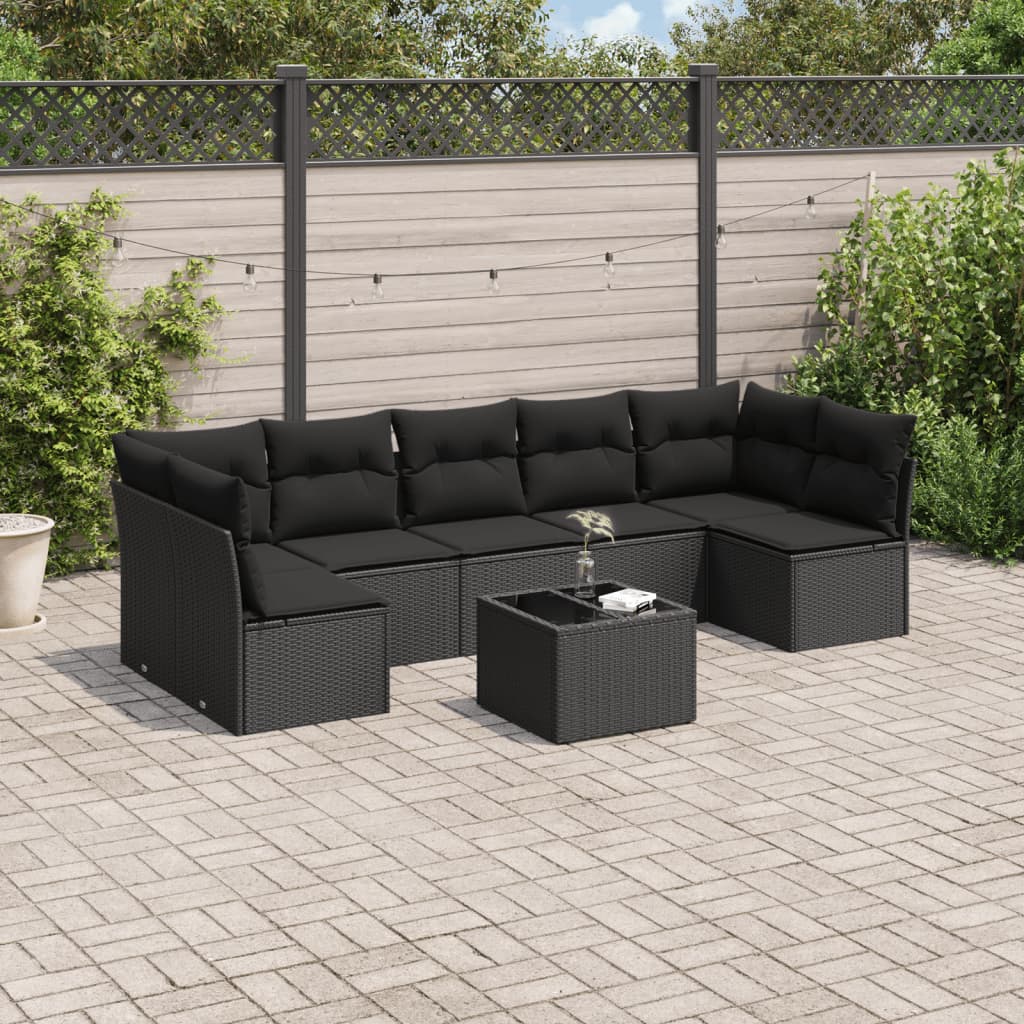 8 pcs conjunto sofás de jardim com almofadões vime PE preto