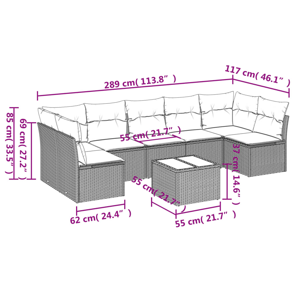 8 pcs conj. sofás jardim c/ almofadões vime PE cinzento-claro