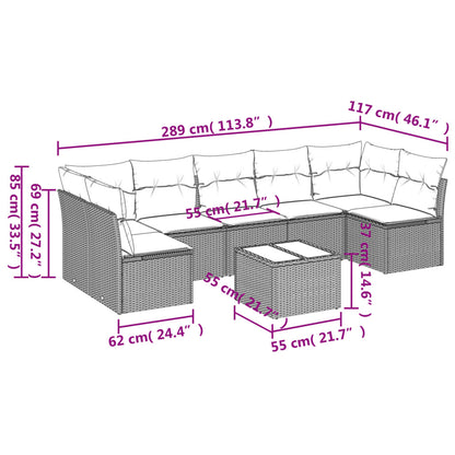 8 pcs conj. sofás jardim c/ almofadões vime PE cinzento-claro