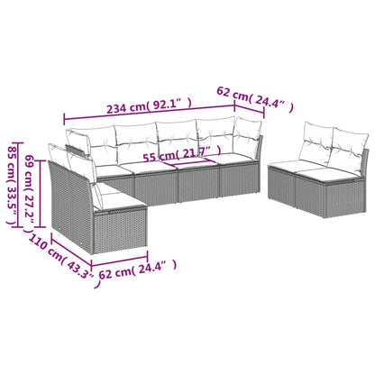 8 pcs conjunto de sofás p/ jardim com almofadões vime PE bege