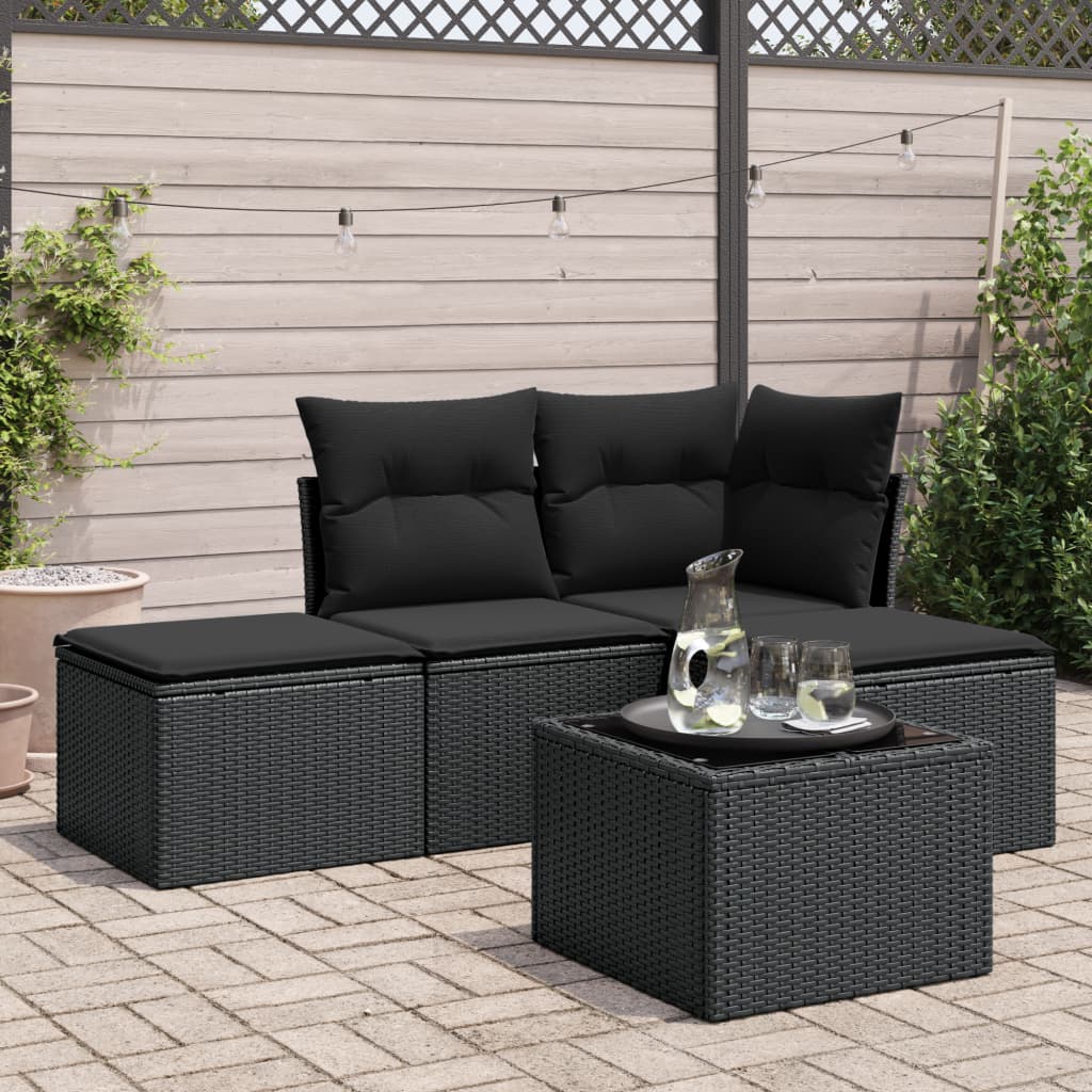 5 pcs conjunto sofás de jardim com almofadões vime PE preto