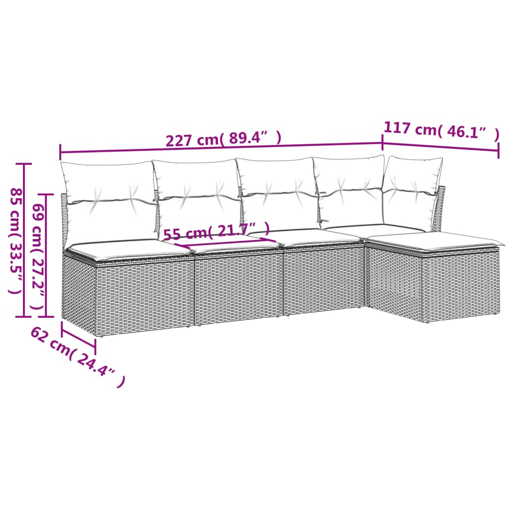 5 pcs conjunto sofás de jardim com almofadões vime PE preto