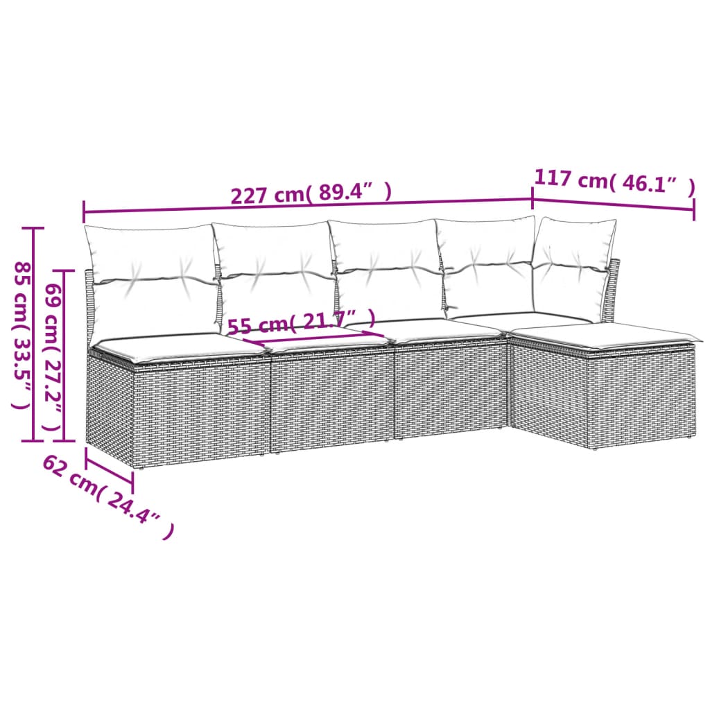 5 pcs conj. sofás jardim c/ almofadões vime PE cinzento-claro