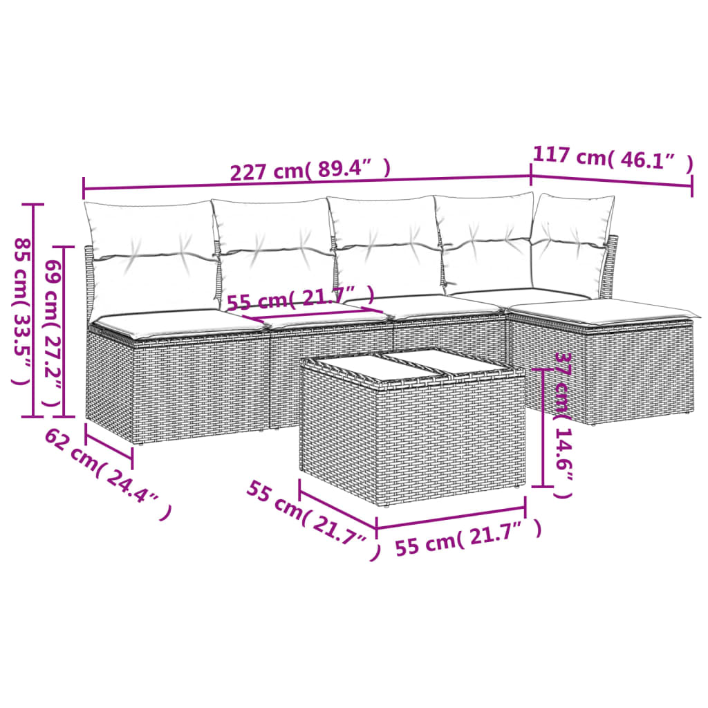 6 pcs conjunto sofás de jardim c/ almofadões vime PE preto