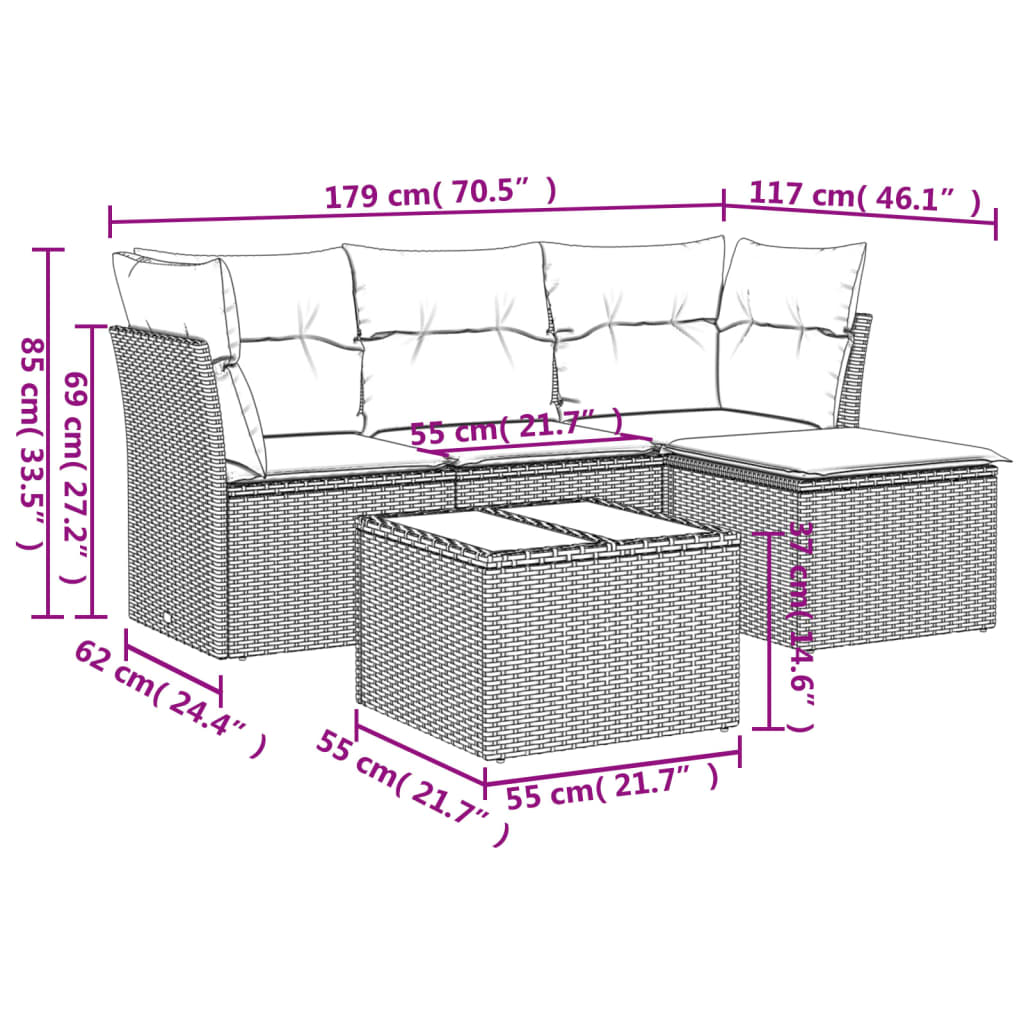 5 pcs conj. sofás jardim c/ almofadões vime PE cinzento-claro