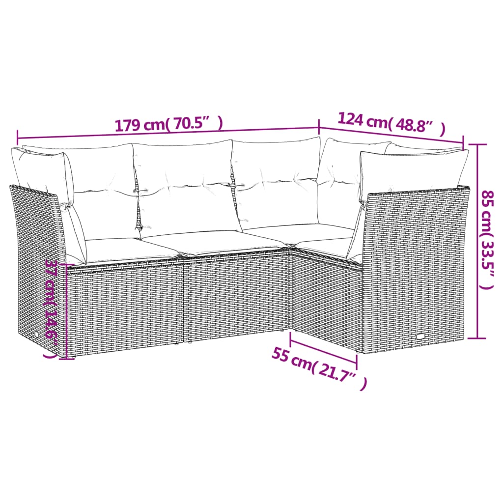 4 pcs conjunto de sofás para jardim c/ almofadões vime PE bege