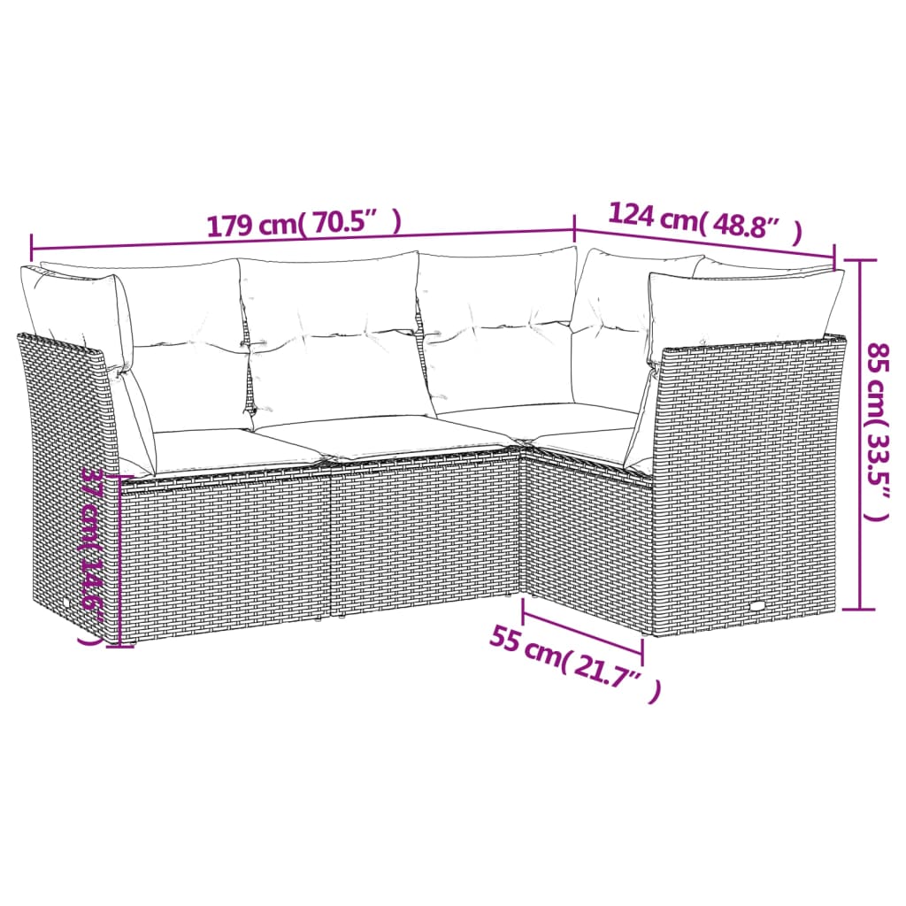 4 pcs conj. sofás jardim c/ almofadões vime PE cinzento-claro