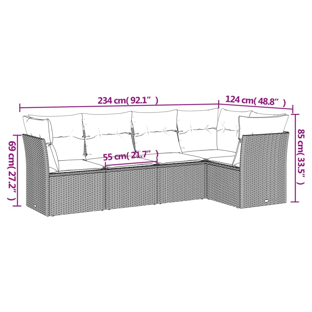 5 pcs conjunto de sofás p/ jardim com almofadões vime PE bege