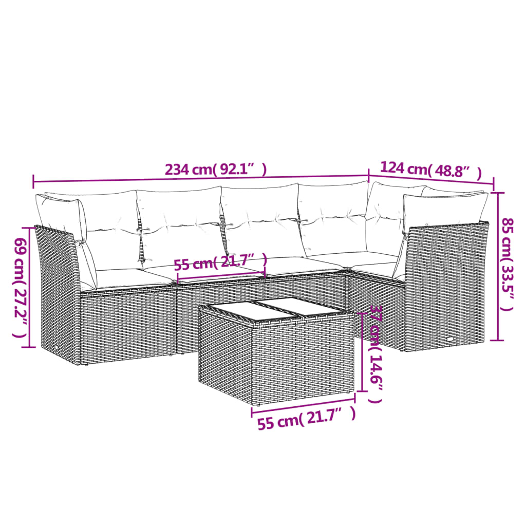 6 pcs conj. sofás jardim com almofadões vime PE cinzento-claro