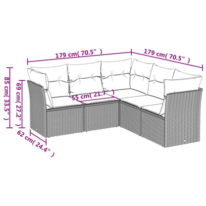 5 pcs conj. sofás jardim c/ almofadões vime PE cinzento-claro