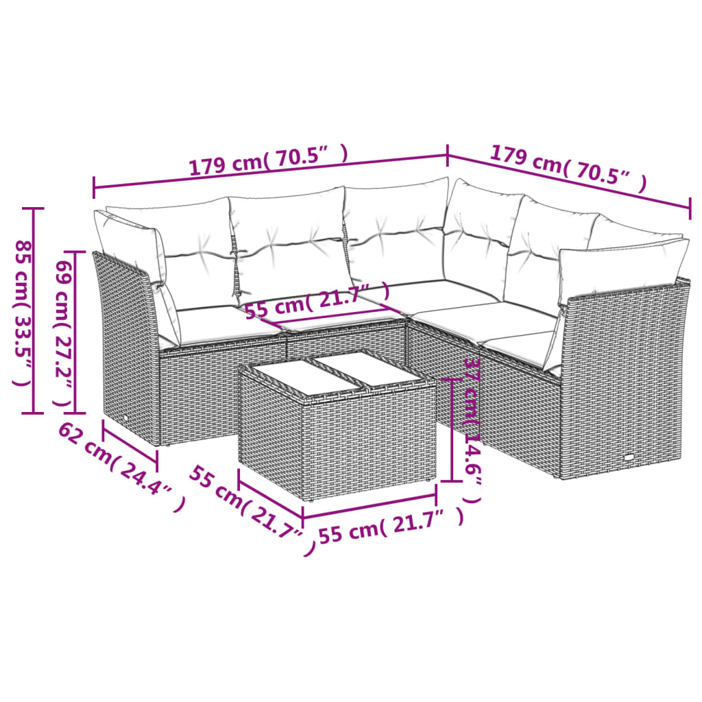 6 pcs conjunto sofás de jardim c/ almofadões vime PE preto