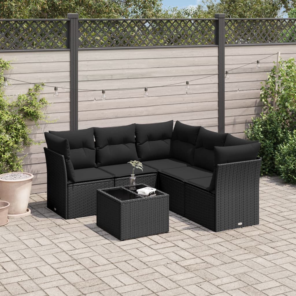 6 pcs conjunto sofás de jardim c/ almofadões vime PE preto