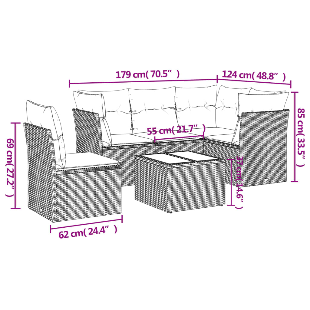 6 pcs conjunto sofás de jardim c/ almofadões vime PE preto