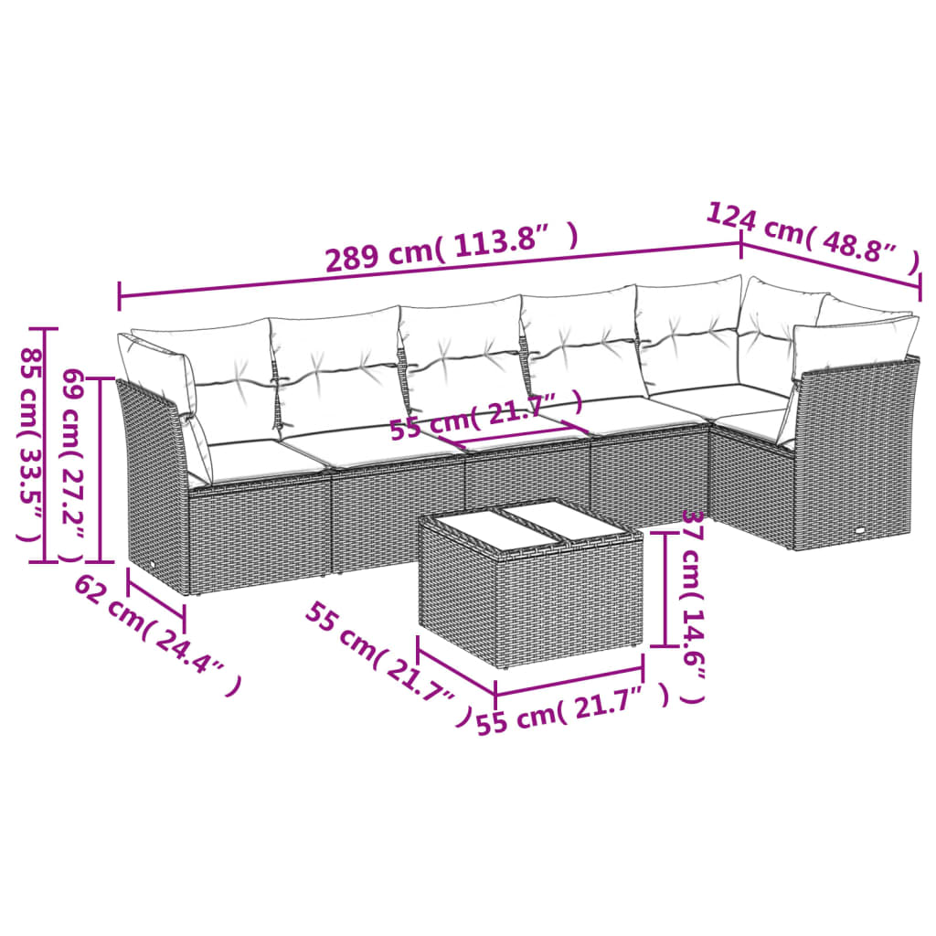 7 pcs conjunto de sofás p/ jardim c/ almofadões vime PE preto