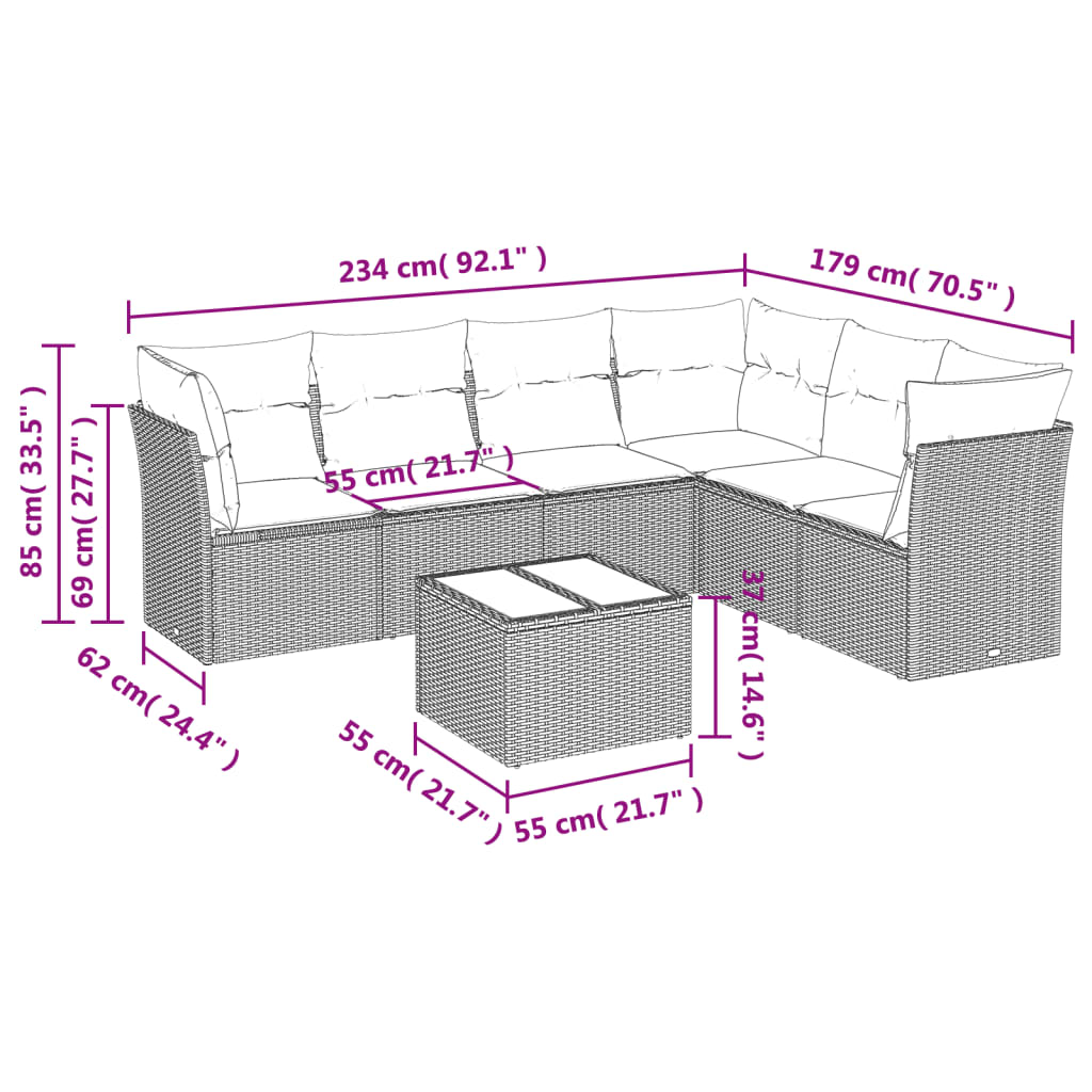 7 pcs conj. sofás jardim com almofadões vime PE cinzento-claro