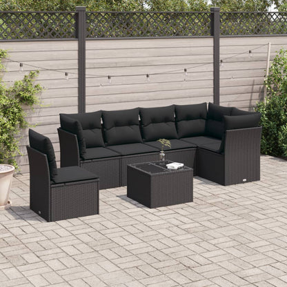 7 pcs conjunto de sofás p/ jardim c/ almofadões vime PE preto