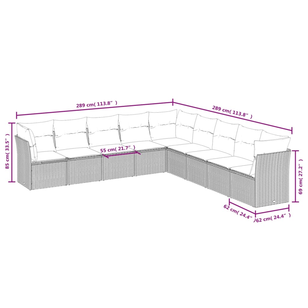 9 pcs conjunto de sofás p/ jardim c/ almofadões vime PE preto