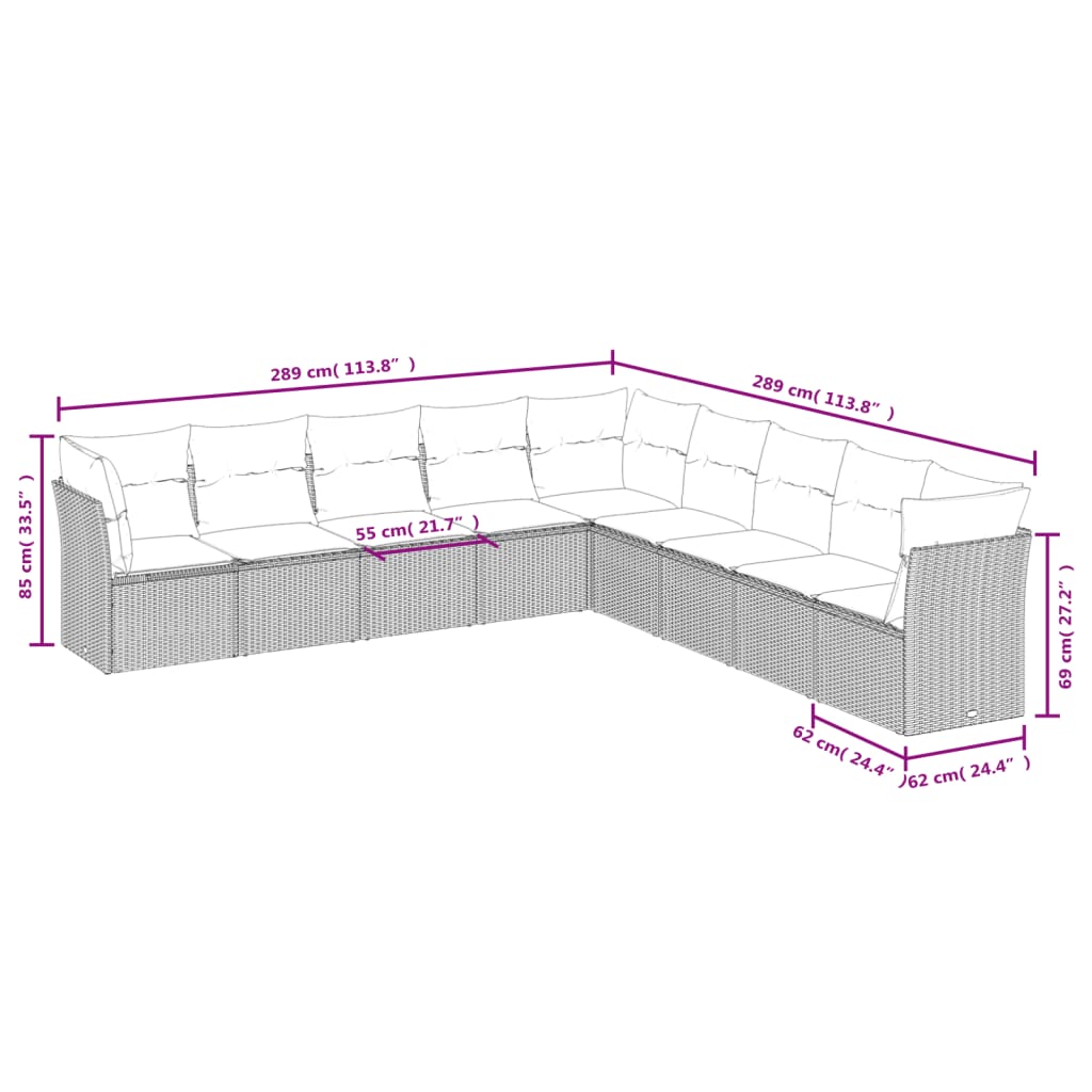 9 pcs conjunto sofás p/ jardim c/ almofadões vime PE castanho