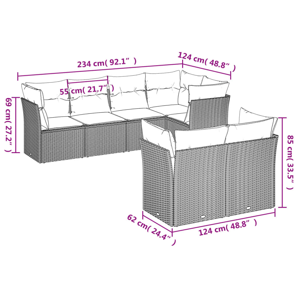 7 pcs conjunto sofás p/ jardim c/ almofadões vime PE cinzento