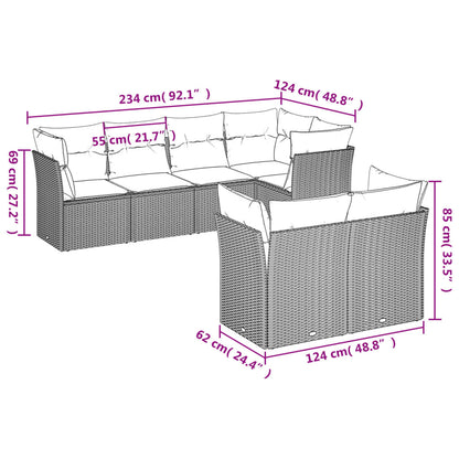 7 pcs conjunto sofás p/ jardim c/ almofadões vime PE cinzento