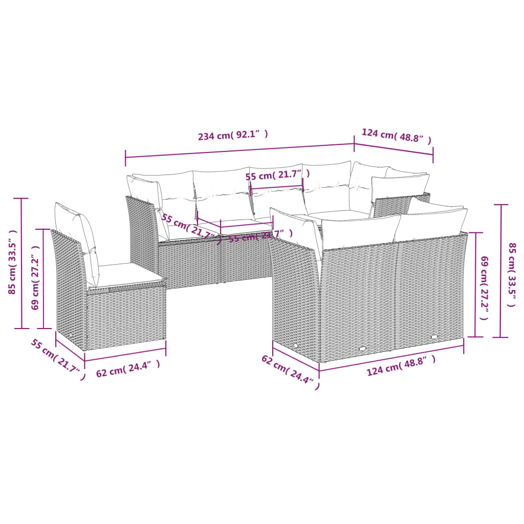 8 pcs conjunto sofás de jardim com almofadões vime PE preto