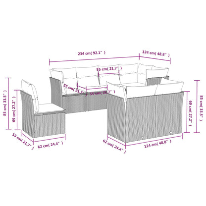 8 pcs conjunto de sofás p/ jardim com almofadões vime PE bege