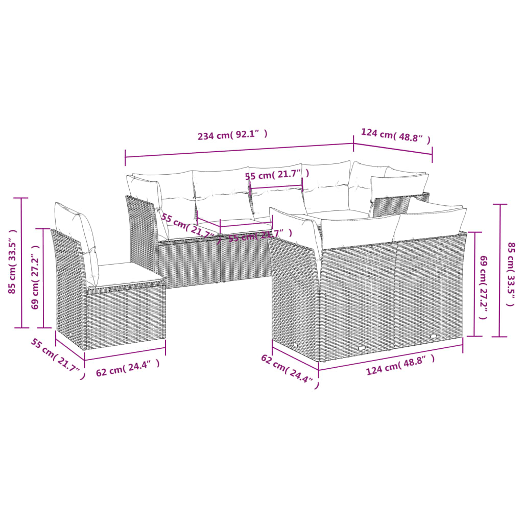 8 pcs conjunto sofás de jardim c/ almofadões vime PE cinzento