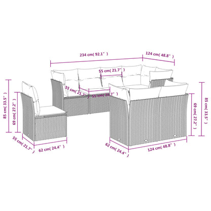 8 pcs conjunto sofás de jardim c/ almofadões vime PE cinzento