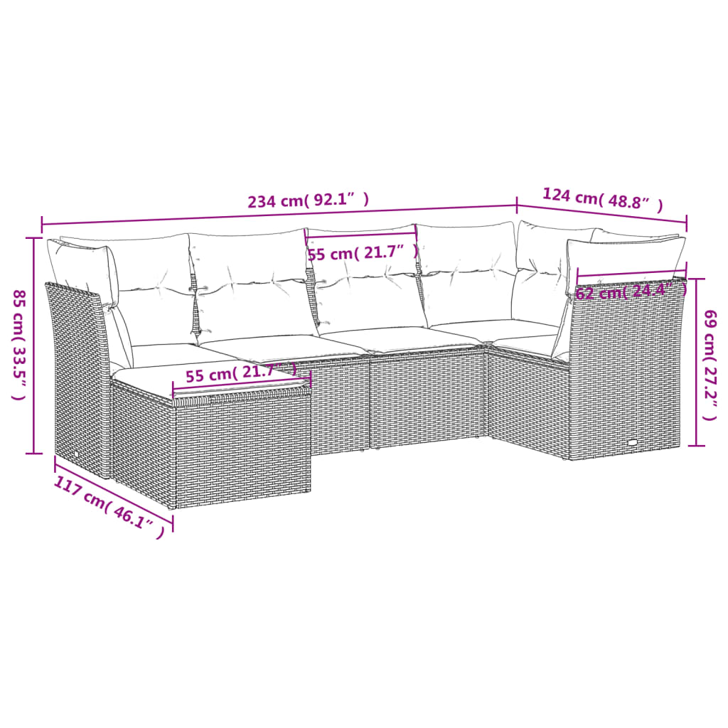 6 pcs conjunto de sofás p/ jardim com almofadões vime PE bege